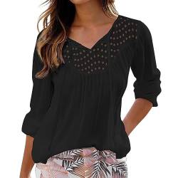 Muwodkdn Damen Langarmshirt V-Ausschnitt Damen Elegant Blusen Crepebluse mit Lochstickerei Tunika Langarm Tops Einfarbig Oberteile Casual Lose Tshirt mit Bindeband Schwarz S von Muwodkdn