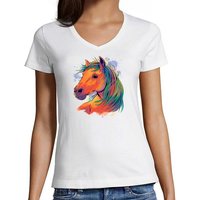 MyDesign24 T-Shirt Damen Pferde Print Shirt bedruckt - Pferdekopf in Ölfarben V-Ausschnitt Baumwollshirt mit Aufdruck, Slim Fit, i167 von MyDesign24