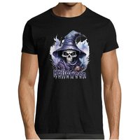 MyDesign24 T-Shirt Herren Halloween Shirt Totenkopf-Design und mystischem Hexen Hut Gruseliges Halloween Skelett Regular Fit, i385 von MyDesign24