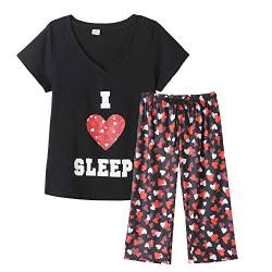 MyFav Damen Nachtwäsche Weich Rotwein Bedruckt Kurzarm Pyjama Capri Set, Herzform, 38 von MyFav