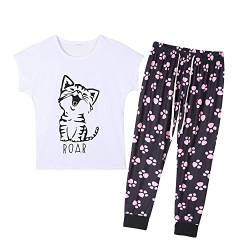 MyFav Damen Pyjama Sets Lang Winter Nachtwäsche Rundhals Süße Katze Zweiteiliger Hausanzug Schlafanzug,Weiß,L von MyFav