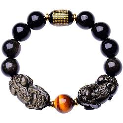 Kristall-Armband,Schwarzer Obsidian Armband , Doppelte Piyao-Tigerauge-Perlenarmbänder, natürlicher goldener Obsidian, schwarzer Obsidian-Edelstein, Energiearmband, verstellbar, schwarzer Obsidian, 12 von MyrXFb