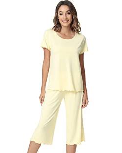 NACHILA Pyjama-Set für Damen, Viskose aus Bambus, cooles Pyjama-Set, kurzärmelig, Nachtwäsche, Oberteil mit Caprihose, lockerer Schlafanzug, A-gelb, XXL von NACHILA