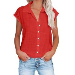 Musselin Bluse für Damen Einfarbiges Leinenhemd Sommershirt mit Schlitzärmeln Hemden mit Reversknopf Retro Baumwoll Leinen Blusentops Leicht Atmungsaktiv Leinenbluse Plus Size Leinenshirt S-5XL von NACQZLI