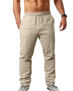 NANAMEEI Leinenhose Herren mit Kordelzug Leicht Sommerhose Strandhose Leinen Herren Hose Lang aus Baumwol Einfarbig für Männer Taillenhose Khaki M von NANAMEEI