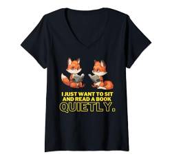 Damen Ich möchte einfach nur sitzen und ruhig ein Buch lesen. Buchliebhabertag T-Shirt mit V-Ausschnitt von NATIONAL BOOK LOVERS DAY August 9 baby fox reading