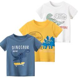 NATUST 3er Pack Jungen T-Shirt Kleinkind Kurzarm Baumwolle Dino Drucken Sommer Tops Weiß Blau Gelb DE: 98-104(Herstellergröße 100) von NATUST