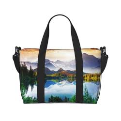 Reisetasche mit Blick auf den Berg und See, Motiv: Sonnentag, Naturdruck, groß, faltbar, Reisetasche, Sporttasche, Turnbeutel für Damen, Schwarz , Einheitsgröße von NBSNGSLS