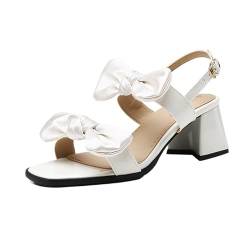 Damen Sandalen mit doppelter Schleife und Blockabsatz, Sandalen mit offenem Zehenbereich, Party-/Hochzeitskleid-Pumps(White,40 EU) von NBTOICDAS