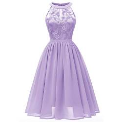 NCQiFei Damen Spitzenkleid Brautjungfer Elegant Party Knielang Cocktailkleid Chiffon Abendkleider Cocktailkleider Ärmellos Rund Ausschnitt aus Spitzen Knielange Rockabilly Ballkleid (Lila, XL) von NCQiFei