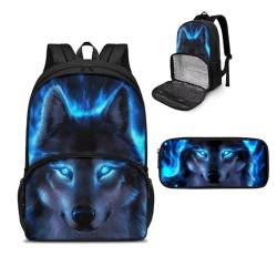 NETILGEN Isolierter Lunch-Rucksack, Laptop-Lunch-Tasche mit Federmäppchen für Picknick, Reisen, Arbeit, Geschenk für Frauen, Blue Wolf Fire, Einheitsgröße, Tagesrucksack von NETILGEN