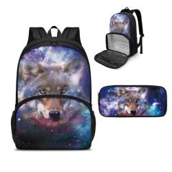 NETILGEN Isolierter Lunch-Rucksack, Laptop-Lunch-Tasche mit Federmäppchen für Picknick, Reisen, Arbeit, Geschenk für Frauen, Wolf Galaxy Nebula, Einheitsgröße, Tagesrucksack von NETILGEN