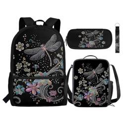 NETILGEN Kinder-Rucksack, 4-in-1-Schultaschen-Set mit Lunchbox, Federmäppchen, Schlüsselanhänger, Schulbedarf für Jungen, Studenten, Libellen-Blume, Einheitsgröße, Tagesrucksäcke von NETILGEN