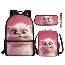 NETILGEN Kinder-Rucksack-Set, niedliches Schultaschen-Set mit Lunchbox, Federmäppchen, Schlüsselanhänger, stilvoller Tagesrucksack, Büchertasche für Jungen und Mädchen, Lovely Cat Pink, Einheitsgröße, von NETILGEN