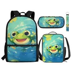 NETILGEN Kinder-Rucksack-Set, niedliches Schultaschen-Set mit Lunchbox, Federmäppchen, Schlüsselanhänger, stilvoller Tagesrucksack, Büchertasche für Jungen und Mädchen, Süßer Frosch, Einheitsgröße, von NETILGEN