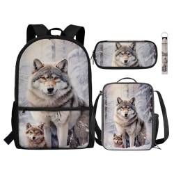 NETILGEN Kinder Rucksack Set mit Lunchbox Stifteetui Schlüsselanhänger, 4 in 1 Student Rucksack Geschenk für Mädchen Jungen Teens, Wolf Snow, Einheitsgröße, Tagesrucksäcke von NETILGEN