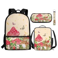 NETILGEN Kinderrucksack, Büchertasche, 4-teiliges Set, Laptop-Rucksack mit Lunchtasche, Stifthalter, Schlüsselanhänger für Junior, Mittelschule, Pilzhase, Beige, Einheitsgröße, Tagesrucksäcke von NETILGEN