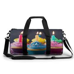 NHYDSPQ Zylindrischer Turnbeutel, bunte Happy Birthday Cupcakes, Sporttasche, Workout-Tasche, Reise-Wochenendtasche, Reisetasche für Männer und Frauen, 45 cm/22,9 cm/22,9 cm/22,9 cm, Stil, Stil, 45 von NHYDSPQ