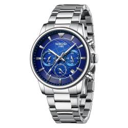 NIBOSI Armbanduhr Herren Uhr Herren Analog Quarz Armbanduhr Edelstahl Wasserdicht herrenuhr Business Casual mit Leuchtdatum Mens Watches für Männer (Silver Blue) von NIBOSI