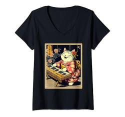 Damen Japanische Samurai-Katze spielt das Keyboard T-Shirt mit V-Ausschnitt von NINJA KITTEN WARRIORS