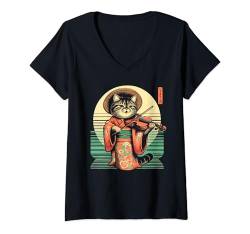 Damen Japanische Samurai-Katze spielt die Violine T-Shirt mit V-Ausschnitt von NINJA KITTEN WARRIORS