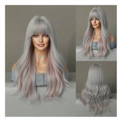 Perücken für Frauen Neue Mode Perücke Frauen Lange Lockige Haar Kopf Set Europäischen Und Amerikanischen Stil Pony Gefärbt Haar Große Welle Haar set Lockige Perücke(Silver(pinkhighlight)) von NIUHUAHUI