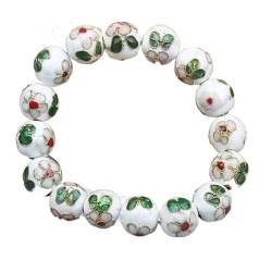 NIXUUANGCHISA Braccialetto Cloisonne Cloisonné-Filigran-Stretch-Armbänder mit runden 12 mm Perlen for Frauen, ethnischer Emaille-Armreif, elastische Länge, benutzerdefinierte Länge(White_6.5 inch) von NIXUUANGCHISA