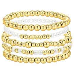 NKFOOPDU Goldperlen-Armband für Damen, hypoallergen, wasserdicht, 14 Karat vergoldet, stapelbare Armbänder, Schmuck für Frauen, Holz von NKFOOPDU