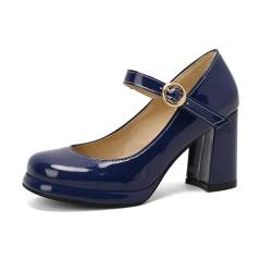 PU Patent Leather Green Navy Blue Closed Toe Mature Ladies Office Pumps Buckle Strap Vintage Women Mary Janes Shoes Block Heels-blue-35 von NMMAX