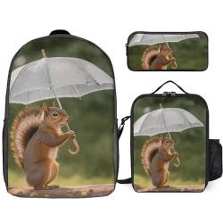 NONHAI Reiserucksack-Set Eichhörnchen halten einen Regenschirm, Laptop-Rucksack, Lunchtasche, Federmäppchen, Büchertasche für Damen, Stil, Einheitsgröße, Stil:, Einheitsgröße von NONHAI