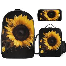 NONHAI Reiserucksack-Set Sonnenblume auf schwarzem Hintergrund, Laptop-Rucksack, Lunchtasche, Federmäppchen, Büchertasche für Damen, Stil, Einheitsgröße, Stil:, Einheitsgröße von NONHAI