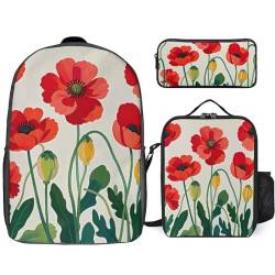 NONHAI Reiserucksack-Set mit Mohnblumen, Laptop-Rucksack, Lunchtasche, Federmäppchen, Büchertasche für Damen, Stil, Einheitsgröße, Stil:, Einheitsgröße von NONHAI