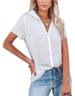 NONSAR Damen Bluse V-Ausschnitt Hemden Elegant Casual Arbeit Oberteile mit Knöpfen Tops Kurzarm(9342S,Weiß) von NONSAR