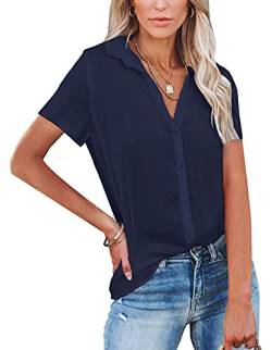 NONSAR Damen Bluse V-Ausschnitt Hemden Elegant Casual Arbeit Oberteile mit Knöpfen Tops Kurzarm(9342XXL,Dunkelblau) von NONSAR