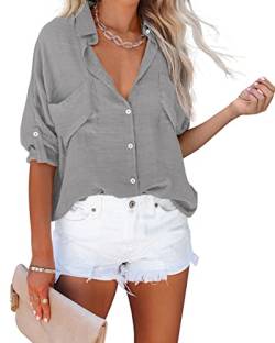 NONSAR Damen Bluse mit V-Ausschnitt Lockere Hemdbluse Langarm Hemden Aufrollbaren Ärmeln Lässige Blusen Oberteile (9350M, Grau) von NONSAR