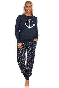 Damen Schlafanzug Pyjama mit Bündchen in maritimer Optik mit Anker als Motiv -212 90 910, Farbe:Marine, Größe:48-50 von NORMANN-Wäschefabrik