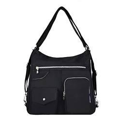 NOTAG Damen Nylon Schultertasche, Große Kapazität Reise Multipocket Shopper Umhängetasche Leicht Rucksack (Schwarz) von NOTAG