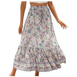 Boho-Röcke für Damen, lange Sommerröcke, Midi-Maxi-Röcke, A-Linien-Röcke, Blumendruck-Röcke, elastische Taille, ausgestellte Röcke, Swing-Röcke für Strände, Club, Streetwear, 05#Beige, 40 von NSICBMNO