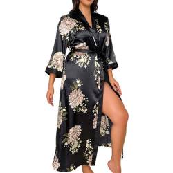 NSICBMNO Seiden-Bademantel für Damen, Übergröße, Kimono-Bademantel, lang, leicht, Hausmantel, Satin, Blumenmuster, sexy, Nachtwäsche, volle Länge, Bademäntel, Spa, Robe, Nachtwäsche mit Gürtel, von NSICBMNO