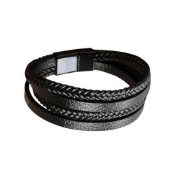 NTRUXZP 1 Stück Lederarmband Herren Armband Herren Männer Leder Edelstahl Gravur Schwarz Geflochten mit Magnet Verschluss-Perfektes Vatertagsgeschenk von NTRUXZP