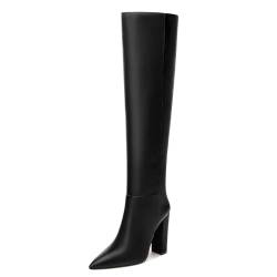 NUMALEO Damen kniehohe Stiefel, spitz, klobiger Block, hoher Absatz, lange Stiefel, zum Überziehen, Herbst, Oberschenkelhohe Stiefel, Partykleid, Schwarz, 40 EU von NUMALEO