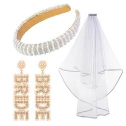 Künstliche Perlen-Stirnbänder, Schleier-Ohrring-Set für Hochzeit, Party, eleganter Haarreif, Brautparty, Geschenk, Junggesellinnenabschied, Kopfbedeckung, modische Stirnbänder von NYCEMAKEUP