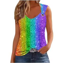 NZYIHAO Damen Tank Top Pailletten Druck Trägertop Sommer Ärmellos Oberteile Regenbogen Tanktops Glitzer Motive Tops Rundhals Bluse Lose Tshirt Leicht T-Shirt Bequem Tunika Frauen Longtops Streetwear von NZYIHAO