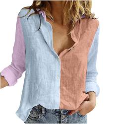 NZYIHAO Leinenhemd Damen Elegant Einfarbig Bluse V-Ausschnitt Button Down Hemd Baumwolle Leinen Hemdbluse Sommer Tshirt Tops Leinenbluse mit Knöpfen Kurzarm/Langarm Oberteile Große Größen Langarmshirt von NZYIHAO