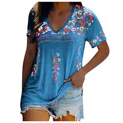 Sommer Tshirt Damen Ethno Stil Blumendruck Bluse V-Ausschnitt T-Shirt Kurzarm Oberteile Leicht Pullover Patchwork Shirt Locker Tops Lange Pulli Atmungsaktiv Tunika Frühling T-Shirts Longshirt von NZYIHAO