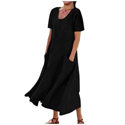 Strandkleid Damen Angebote des Tages Heute Leinenkleid Damen Lässige Einfarbig Sommerkleid Kurzarm Kleider Sommer Strandkleid A-Linie Musselin Kleid Rundhals Abendkleider Leicht Damenkleider von NZYIHAO