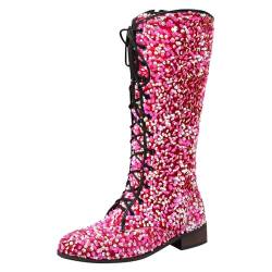 Glitzerschuhe Für Damen Damen-Stiefel mit Schnürung Glitzer-Pailletten mittelhohe Wadenstiefel,Bequeme runde Zehenpartie niedriger Absatz Cowboystiefel,modische Metallic-Pailletten Ritterstiefel von NaLatia