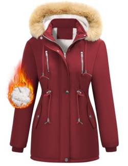 Nadeer Parka Damen Lang Mantel Gefüttert Winterjacke Wintermantel mit Abnehmbar Kapuze und Taschen Warm Winterparka(Weinrot,M) von Nadeer