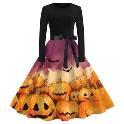 Nadunje Halloween Kleid Damen Mittelalter Kleid mit Kürbis Drucken Rundhals Langärmeliges Kleid mit Krawatte Gürte Abendkleid Elegante Partykleid Kleid Faltenrock Festlich Halloween Kostüm von Nadunje