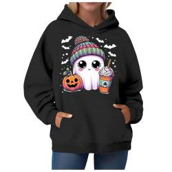 Nadunje Pullover Damen Halloween Sweatshirt mit Geister Drucken Kapuzenpullover mit Taschen Langarm Kapuzenshirt Cute Hoodie Muster Oberteile Y2K Oversized Hoody Festlich Halloween Kostüm von Nadunje